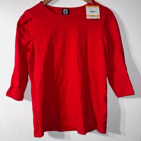Anne Klein Sport Tops - Anne Klein Sport Womens 3/4 Sleeve Shirt Size S Red Cotton Pleated Shoulders NWT